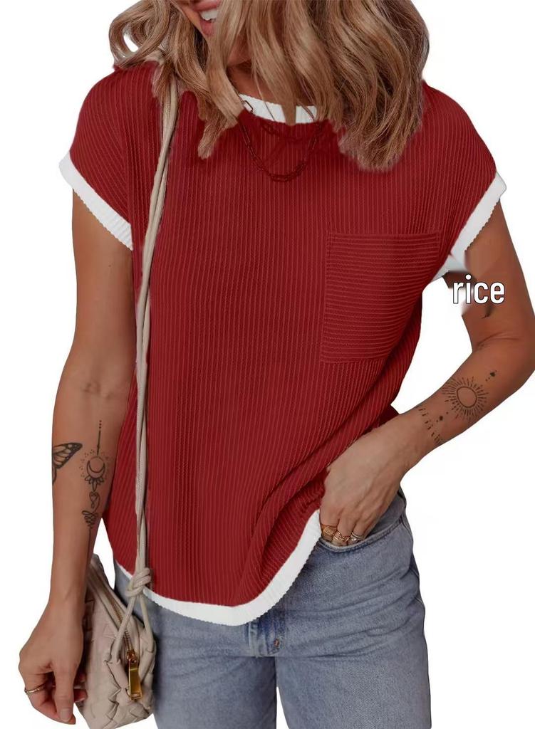Women's Ribbed Knit Short-Sleeve T-Shirt - Casual Spring/Summer Top