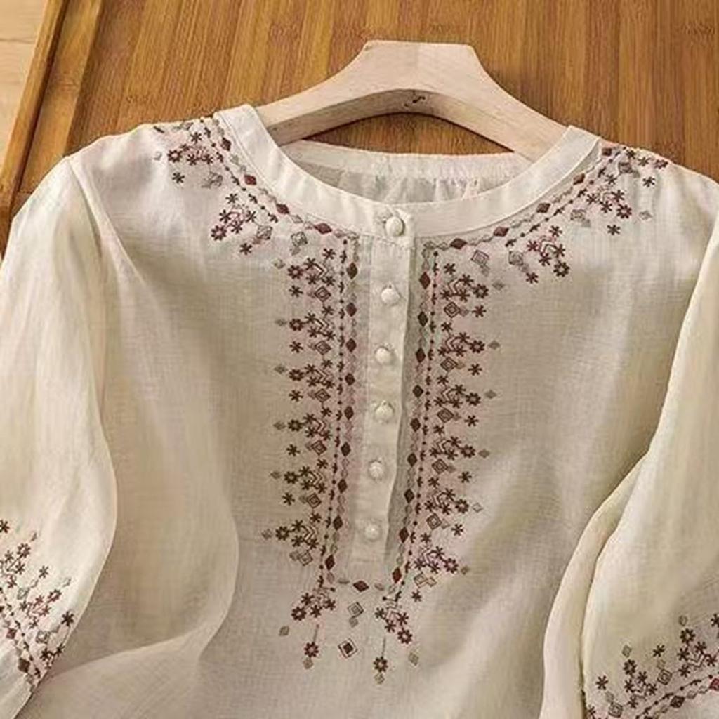 Fashion Women's Shirt Five-quarter Sleeve Spring And Summer Loose Top Embroidered Shirt
