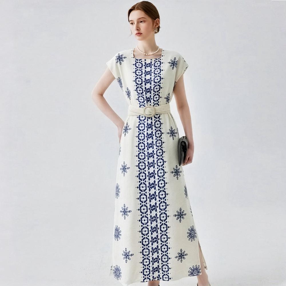Women s Square Collar Sleeveless Loose Summer Dress Bohemian Vintage Print Long Maxi Dress with Belt One size