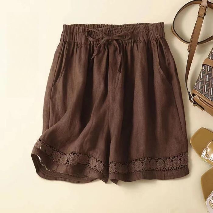 

Summer Thin Shorts Women s Retro Hollow Lace Elastic Waist Casual Pants Loose All-match Wide-leg Cotton and Linen Pants S кавовий