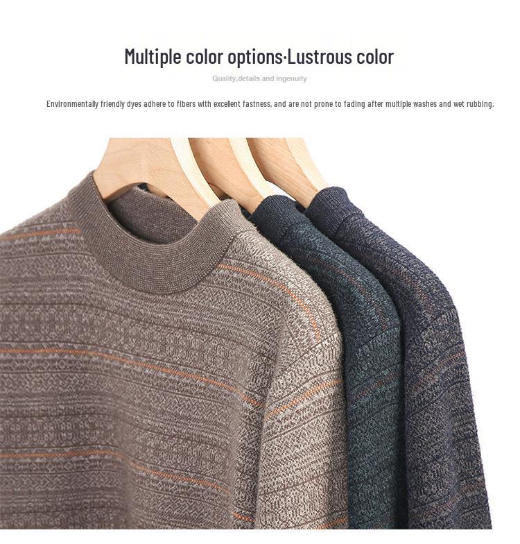 Men's 100% Pure Cashmere Thickened Fleece-Lined Winter Sweater - Solid Color, Round Neck, for Middle-Aged.