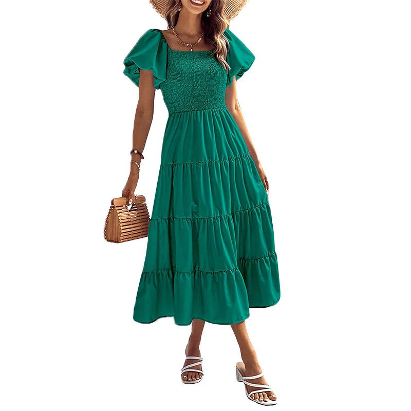 2023 Cross-border Eaby Amazon Popular Women's Clothing Sun Dress Square Neck Bubble Sleeve Dress Shrink Pleated Pendulum Skirt