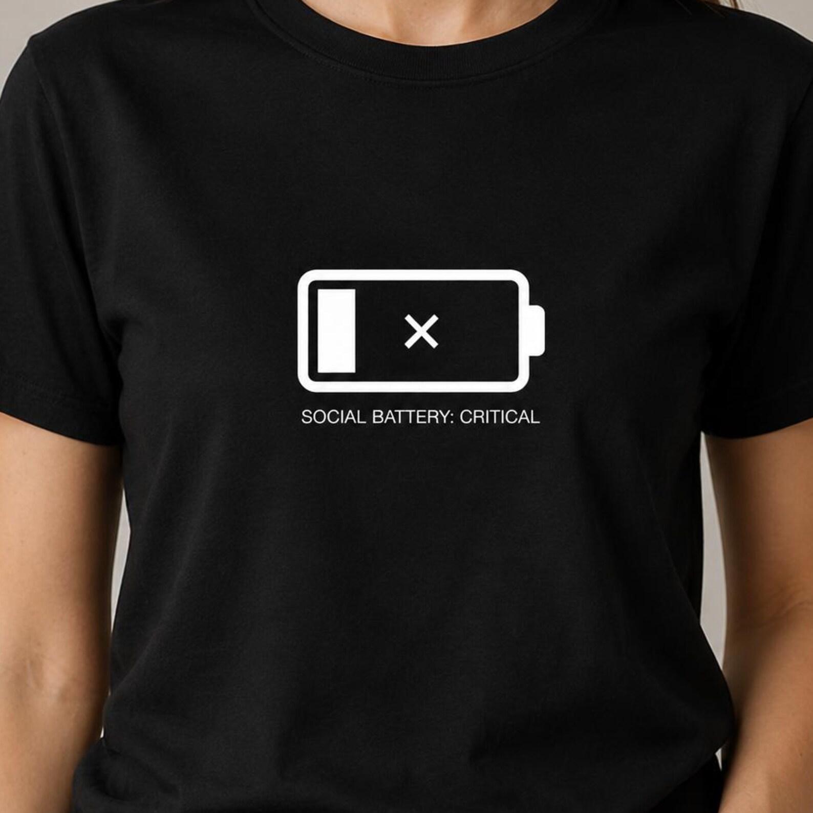 Social Battery Critical Shirt, Introvert Graphic Tee, Funny Gift for Socially Awkward Friends and Homebodies M