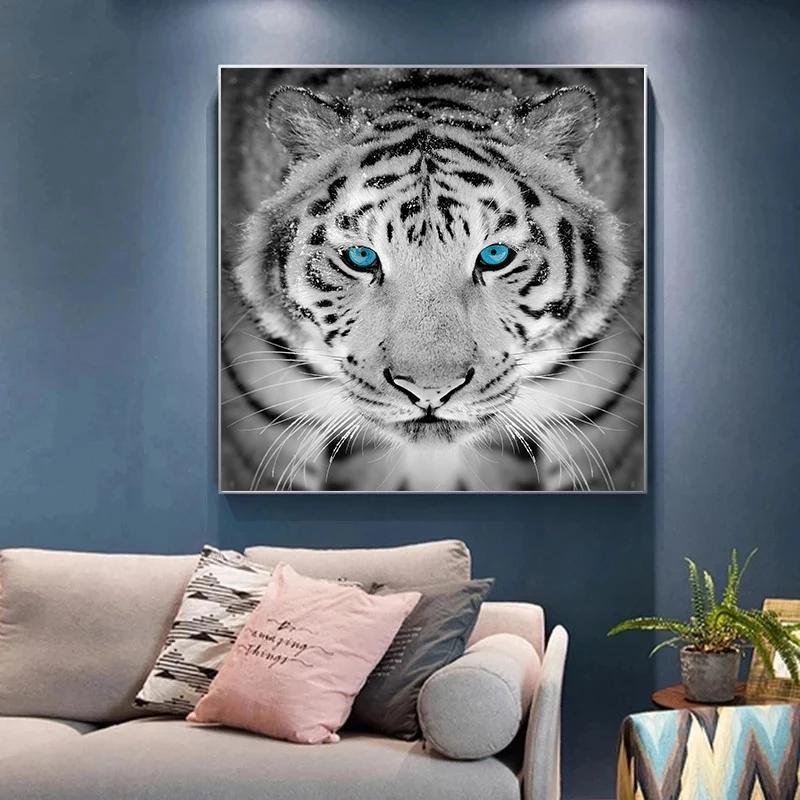 Black and White Tiger with Blue Eyes Canvas Paintings Wild Animal Posters Prints Wall Art Pictures for Living Room Decor Cuadros