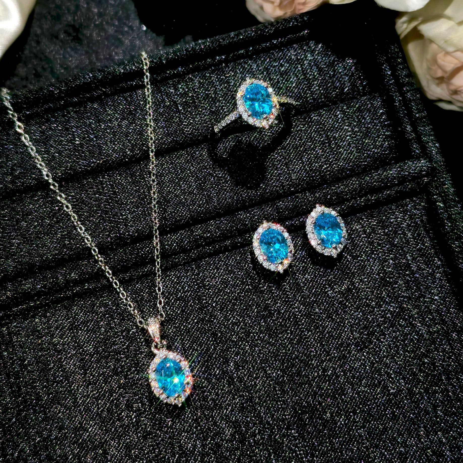 

Luxurious and Bright Comparable To Ice Flower Cut Sea Blue Zircon Three-piece Set, Women s Diamond Necklace Stud Earrings Ring Set 2026 45CM