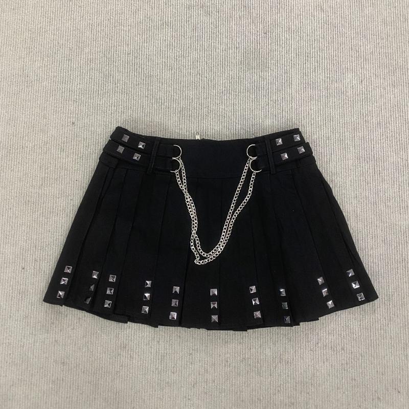 European and American Summer Women's Hot Stamping Design Pleated Skirt Chain Splicing Decoration Fashionable Half Skirt
