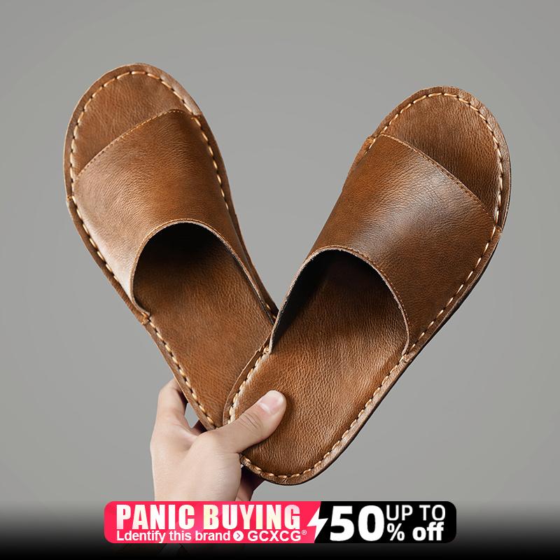 

Летние мужские тапочки, женские пляжные дышащие из натуральной кожи на плоской подошве, деловые повседневные нескользящие легкие сандалии 38 коричневый