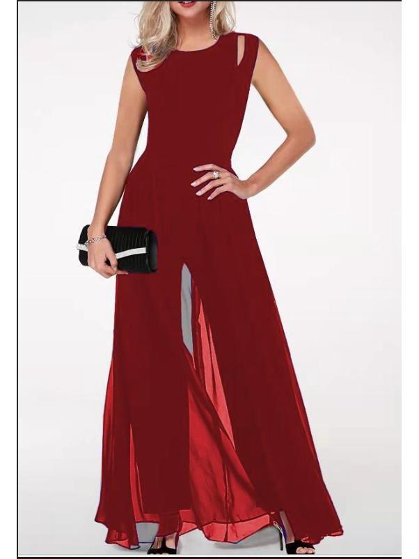 

2023 Женский приталенный комбинезон без рукавов из молочного шелка с вырезами - Круглый вырез, Однотонный, Цельный дизайн Small