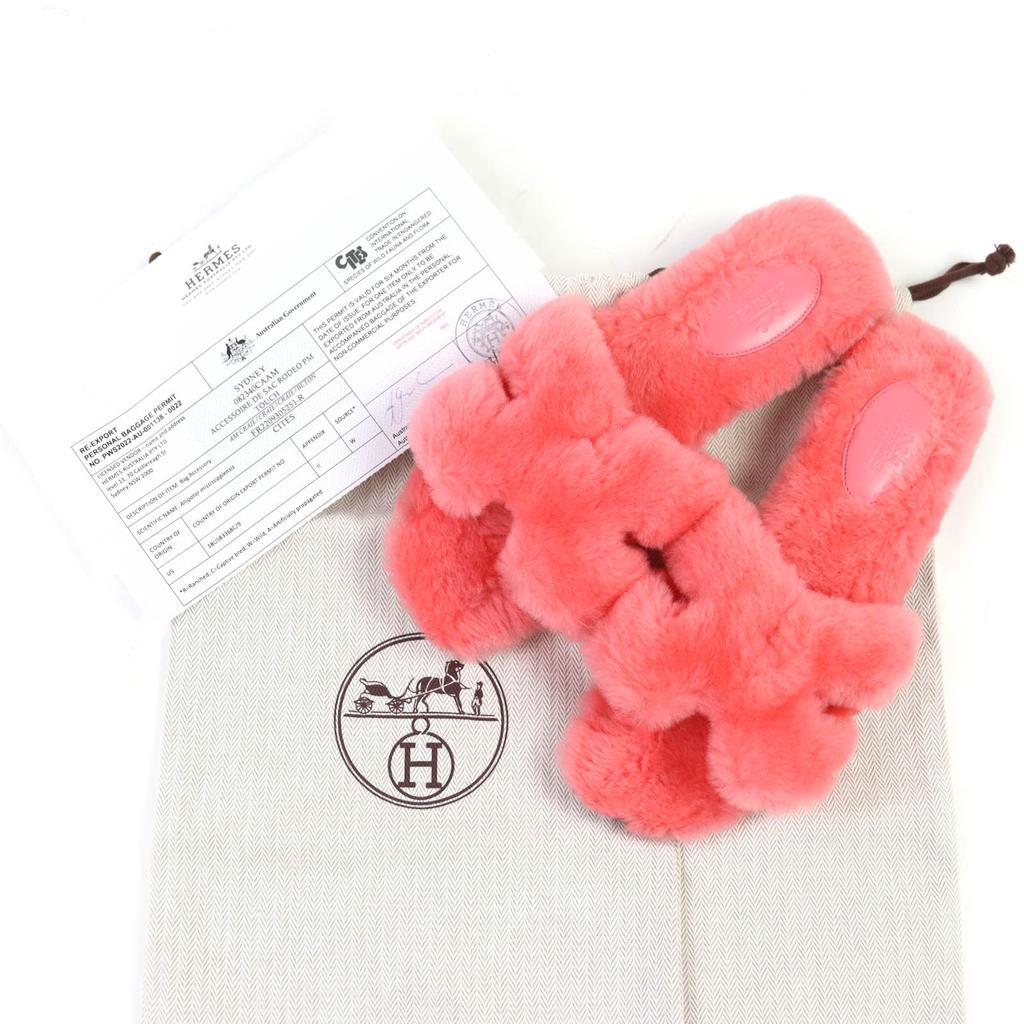 Great HERMES Mule Oran H Logo Fur Sandals Pink Sheepskin Leather 37 231288Z Used