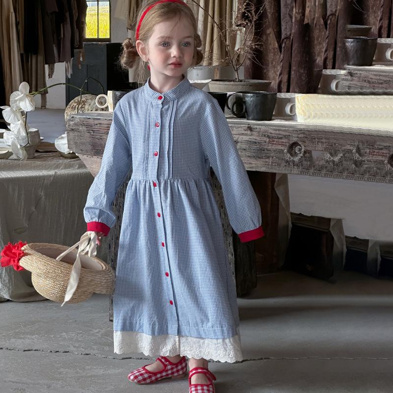 2025 Spring Korean Retro Plaid Knee-Length Dress with Buttons for Girls