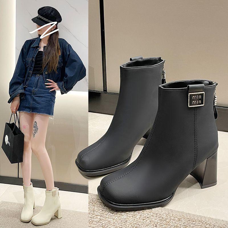 French thick heel fashion boots Martin boots 2025 autumn and winter new high heels thin boots white small short boots women