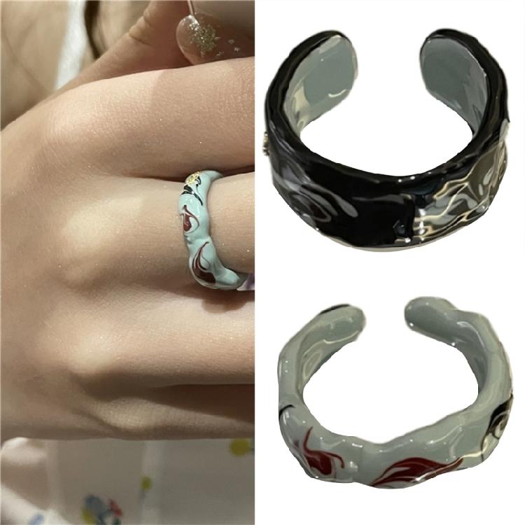 Elegant Dripping Oil Open Ring with Gold Foil Adjustable Ceramic Finger Ring Trendy Jewelry for Fashion Enthusiasts