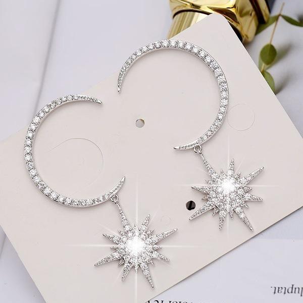 Women's 925 Silver Plated Moon Earrings with Cubic Zirconia and Sparkling Octagonal Star Pendant - Elegant Fashion Jewelry for W