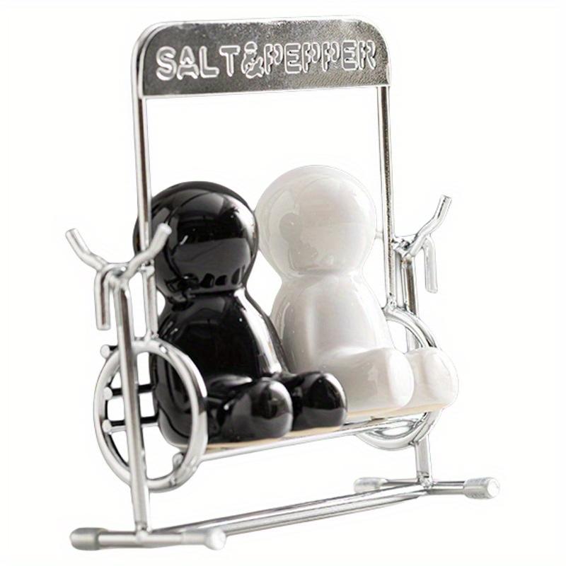 1 Set of Charming Black,White Salt,Pepper Shakers ,Ceramic, Modern Kitchen Spice Jars with Metal Stand, Ideal for Western Dining Table Decor