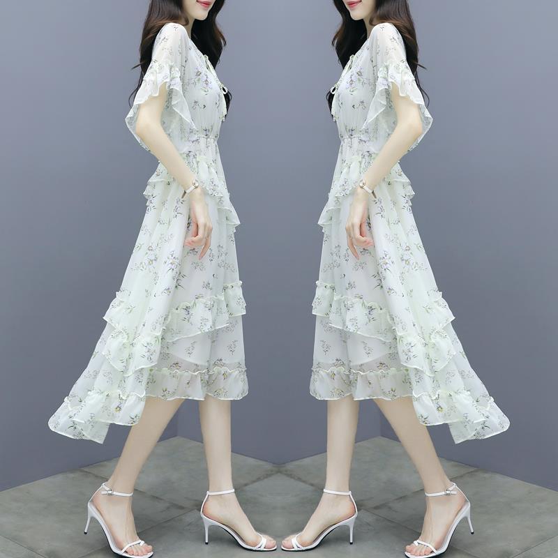 Elegantes florales Chiffonkleid Sommer Slim Taille Stufenrock Frischer Stil Mode