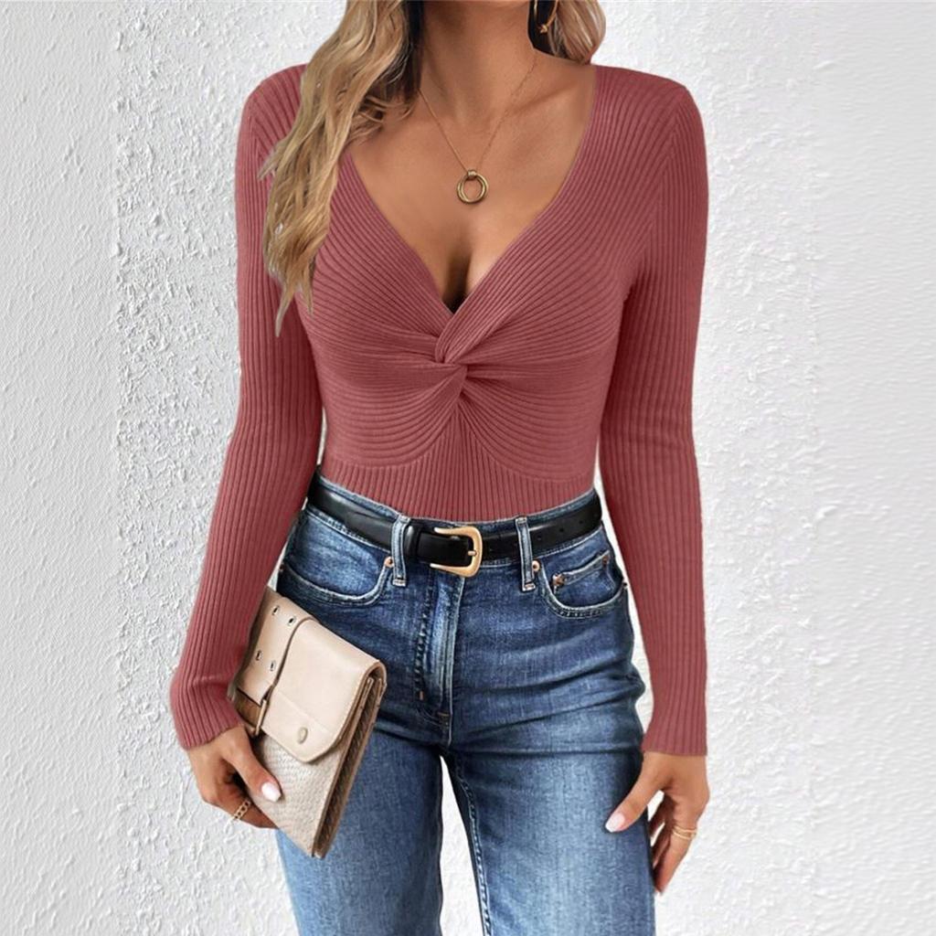 Women V Neck Twist Knot Knit Sweater Long Sleeve Slim Fit Casual Pullover Top Stretchy Soft Fabric