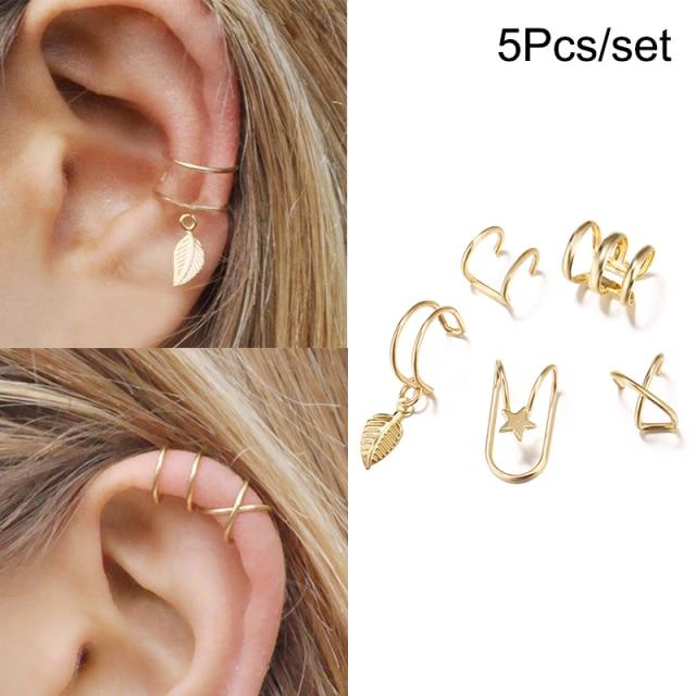 17Km Gold Color For Women Leaves Ear Cuff Black Non Piercing Ear Clips Fake Cartilage Earrings Clip Earrings Men JewelryTrendy Cuff