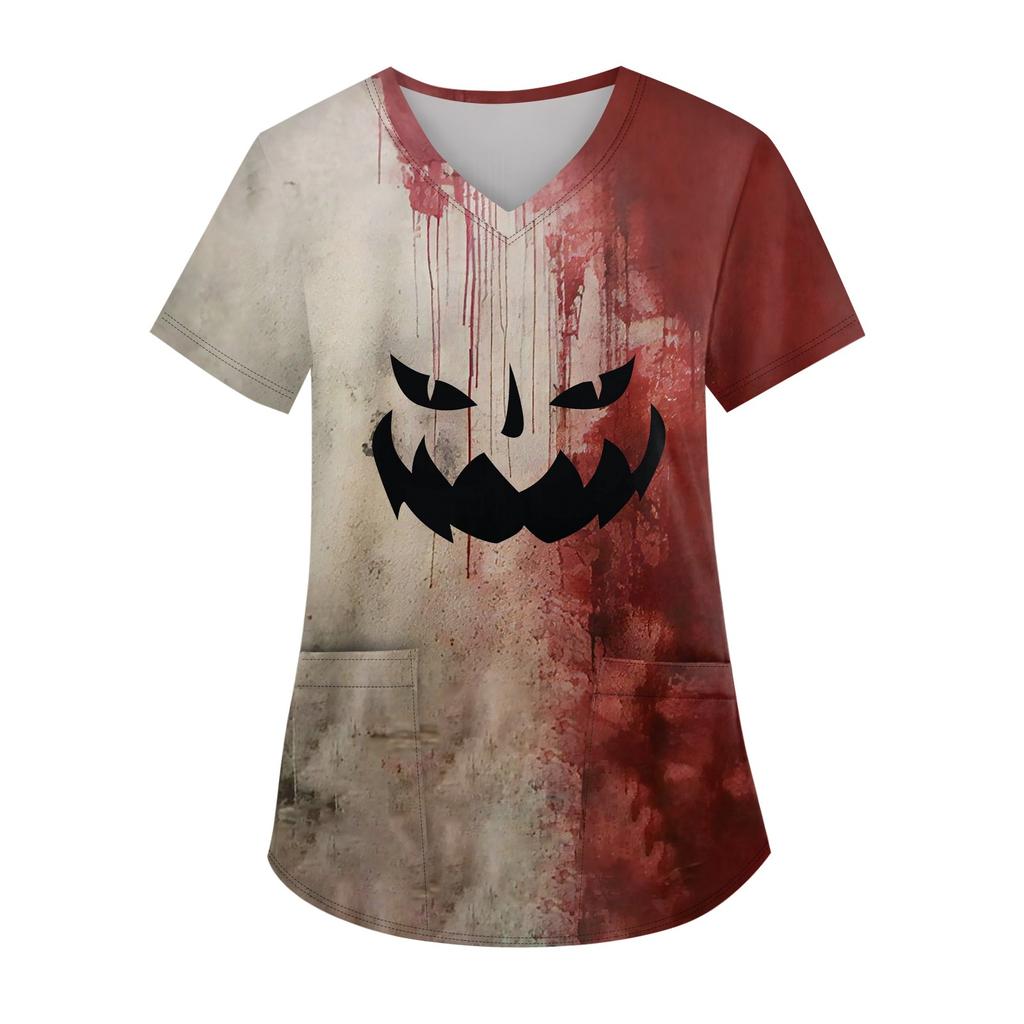 Modische Arbeitskleidung für Damen mit V-Ausschnitt, kurzen Ärmeln und bedruckten Taschen