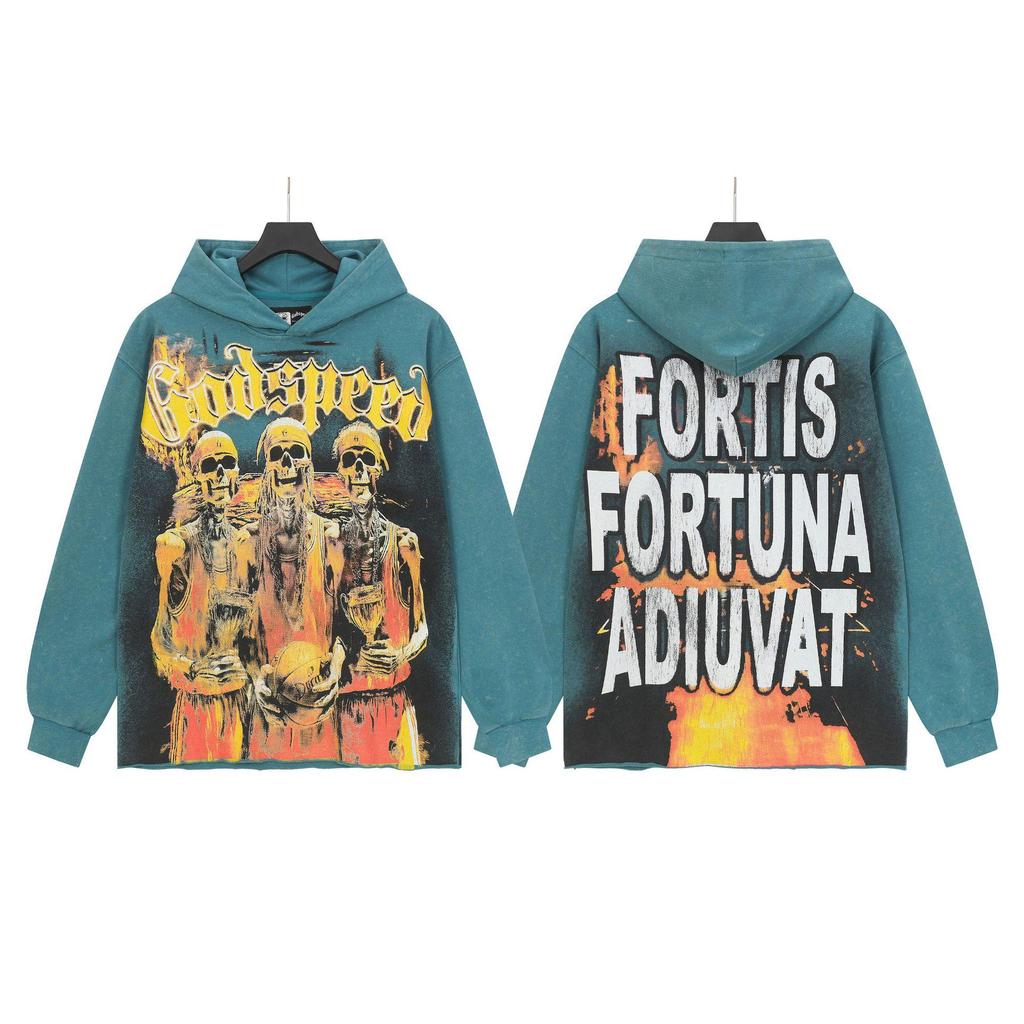 God Bless America Retro Rock Street Print Washed Hoodie - Casual Loose Fit