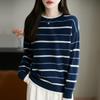 Women's Blue & White Striped Wool Knit Long-Sleeve Top - Elegant & Comfortable 2025 Autumn Style