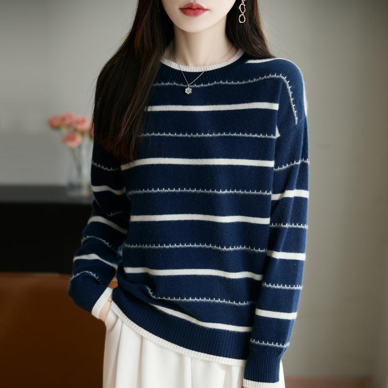 Women's Blue & White Striped Wool Knit Long-Sleeve Top - Elegant & Comfortable 2025 Autumn Style