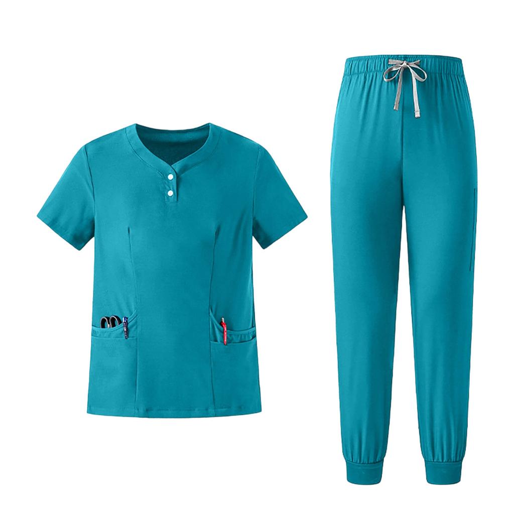 Women's Uniform Set Quick-Dry Color Short Sleeve Top and Pant with Pockets for Nurses and Caregivers