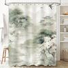 Classic Asian-inspired shower curtain with watercolor design featuring pagodas, cherry blossoms, and nature perfect for a spa-li