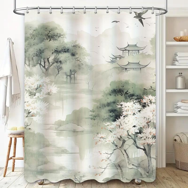 Classic Asian-inspired shower curtain with watercolor design featuring pagodas, cherry blossoms, and nature perfect for a spa-li