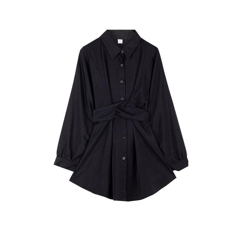 Women's Elegant Slim-Fit Long-Sleeve Shirt Dress: Waist-Cinching, Irregular Hem, French Style for Spring and Autumn