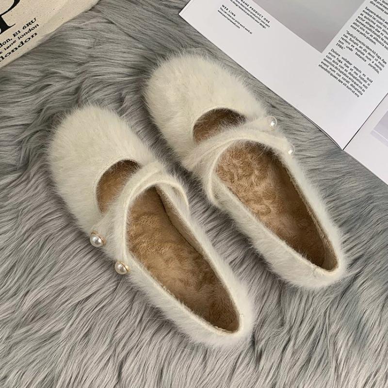 New Style Elegant Buckle Strap Fur Mary Jane Shoes Woman Cosy Soft Fluffy Ballet Flat Ladies Plush Shallow Loafers Concise Dress