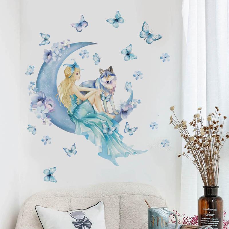 Blue Moon Butterfly Woman Wolf Wall Sticker Self Adhesive Removable PVC Bedroom Living Room Hallway Background Decor