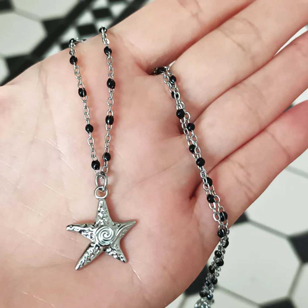 Rock Punk Retro Sliver Color Spiral Starfish Hollow Out Star Sword Pendant Necklace for Women Gothic Y2K Stainless Steel Jewelry