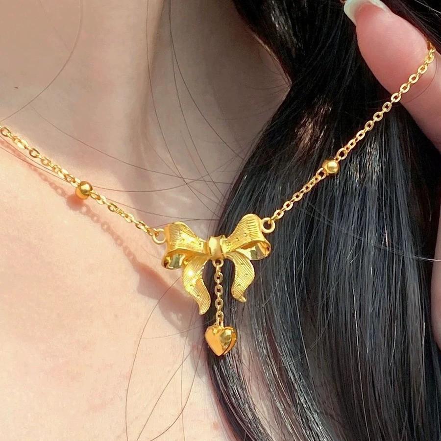 Gold-Plated Princess Necklace and Earrings Set: Bowknot Heart Tassel Pendant with Collarbone Chain.