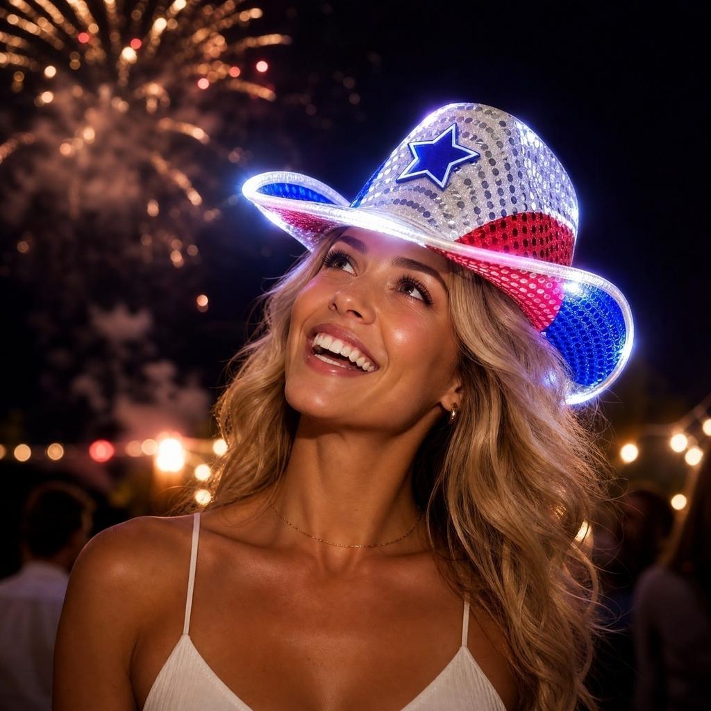 Red Blue Patriotic Hat with LED Lights - Patchwork Design for Independence Day Fan Hat