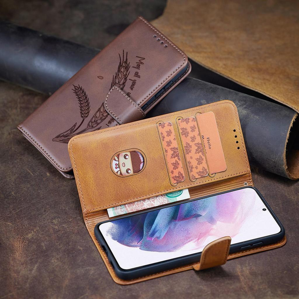 3D Embossed Food Retro Leather Phone Wallet Case Book Stand For iPhone 17 16 Pro Max Samsung Xiaomi 15T Redmi 13 Honor 400 Oppo Card Holder Flip Cover