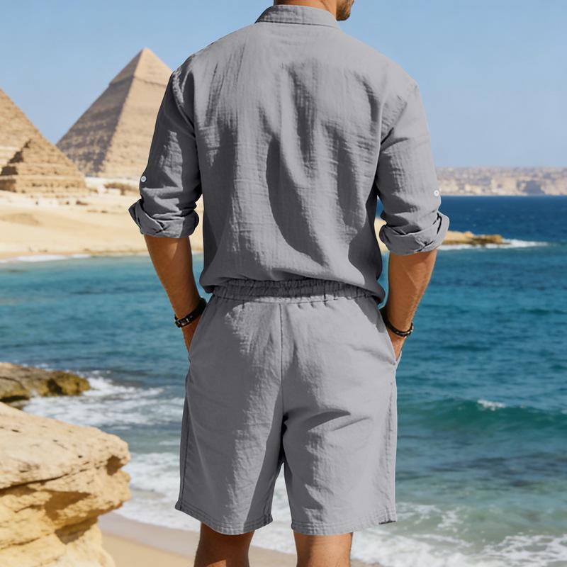 Mens American Style Casual Loose Long Sleeve Shirt And Shorts Set