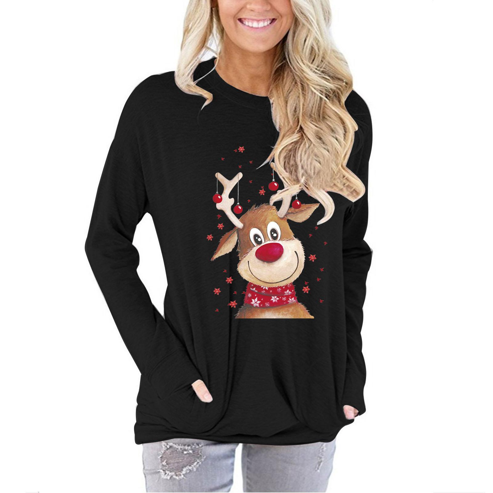 

Nikitas женская осенне-зимняя рождественская футболка с круглым вырезом и принтом оленя, свитер с длинными рукавами