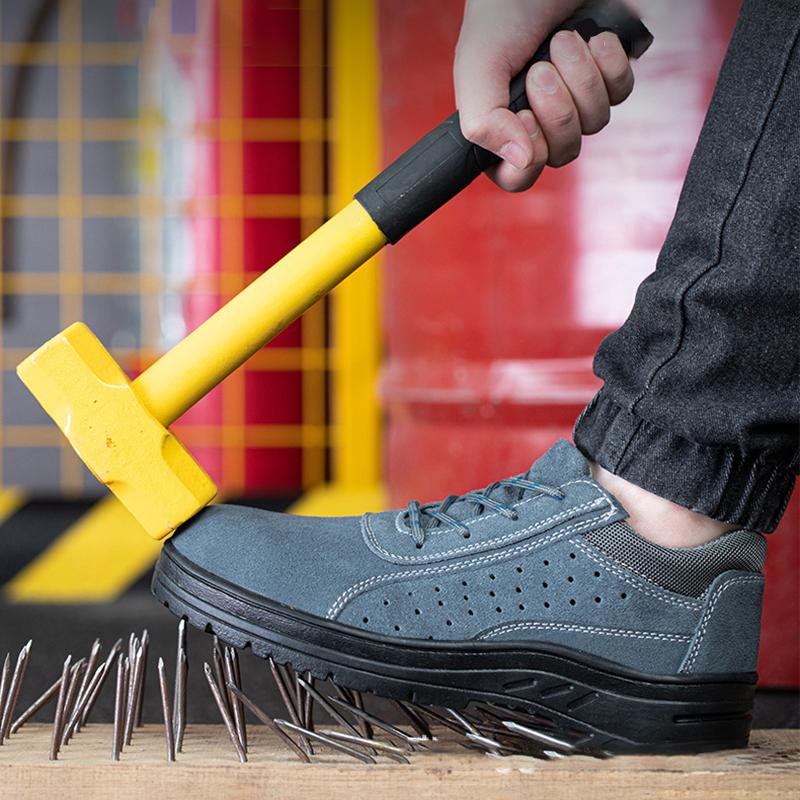 Oulylan Male Breathable Cowhide Safety Shoes Welder Anti-Smash Work Footwear Men Wear Resistant Shoe Steel Toe Security Sneakers