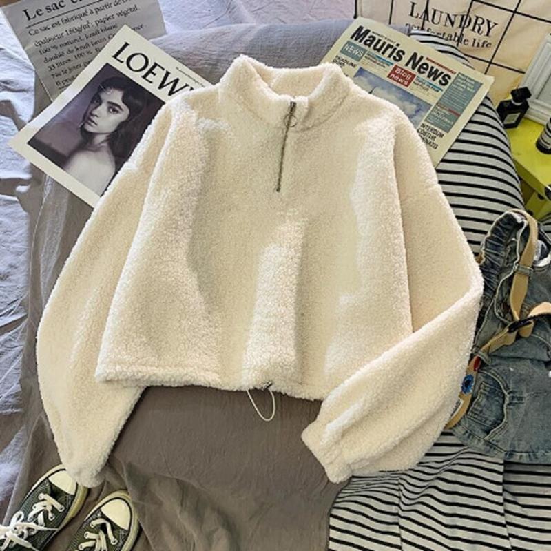 Inverno Mulheres Curtas Hoodies Casual Grosso Quente Com Capuz Pulôver De Lã De Cordeiro Tubarão Casaco Solto Fleece Hoodie