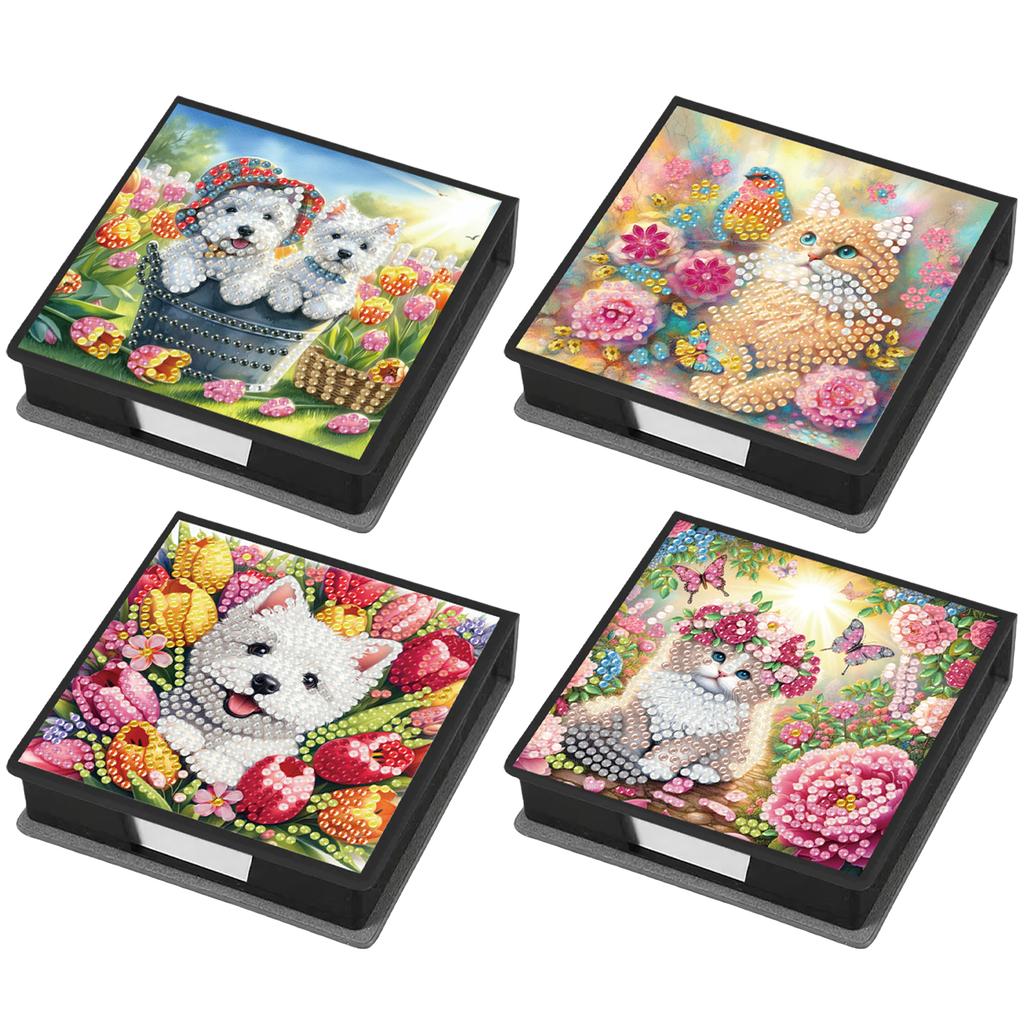 4Pcs 5D DIY PU Diamond Art Sticky Note Holder with 160 Sheets Paper Crystal Note Box for Living Room Home Office Decoration