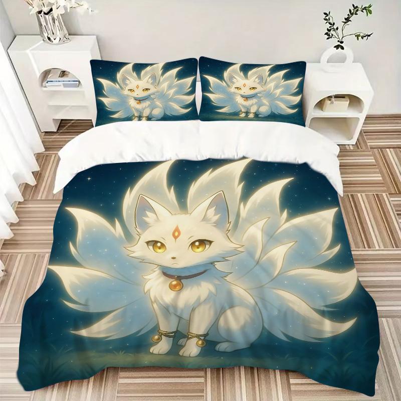 3pcs Enchanted Fox Spirit Printed Bedding Set, Soft and Comfortable Quilt Cover for Bedroom, Guest Room (1 Duvet Cover + 2 Pillowcases, Pillow Co