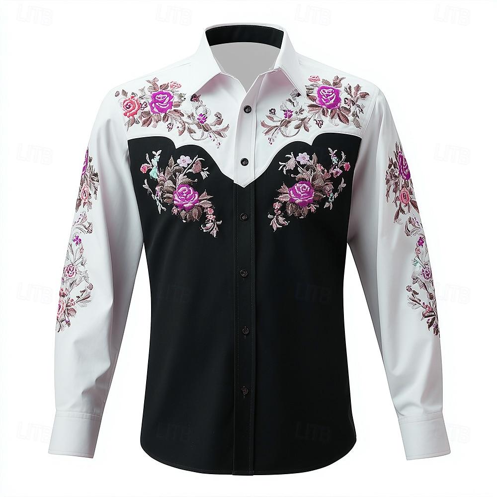 Men's Long Sleeve Shirt Floral Print Western Cowboy Shirt Autumn Streetwear Casual Comfort Polyester Slim Fit Shirts