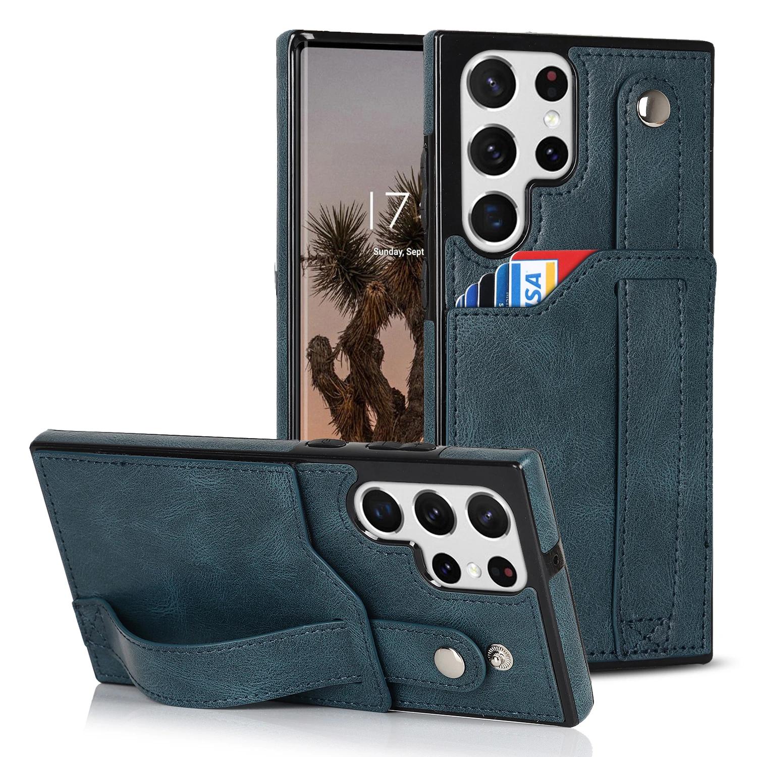 

Ремешок на запястье держатель RFID-карт кожаный чехол для телефона Samsung S23 Plus S22 S24 Ultra S21 FE S20 NOTE20 A52 A53 A73 задняя крышка For Samsung S21FE синий