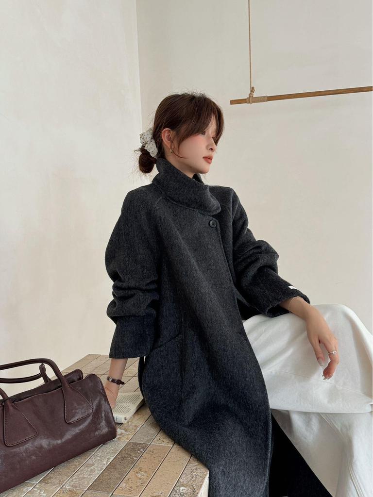 Korean Stand Collar Cashmere Double-Sided Overcoat - Women's Long Over-Knee Single-Breasted Wool Blend Coat