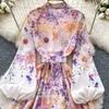 Spring/Summer Romantic Floral Print Stand-Up Collar Bell-Sleeve Slimming Party Dress for Women Elegant Single-breasted Maxi Dress with Belt