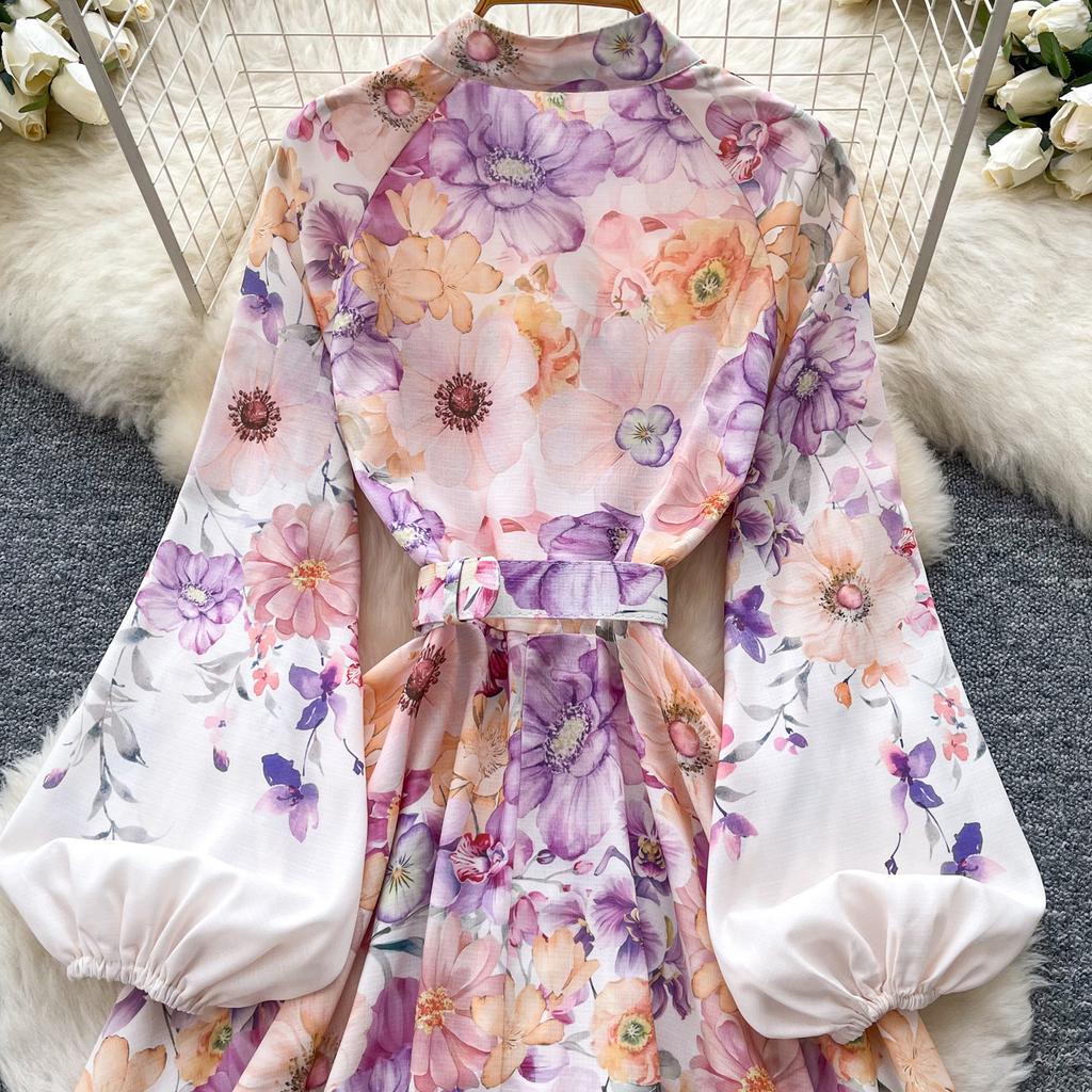 Spring/Summer Romantic Floral Print Stand-Up Collar Bell-Sleeve Slimming Party Dress for Women Elegant Single-breasted Maxi Dress with Belt