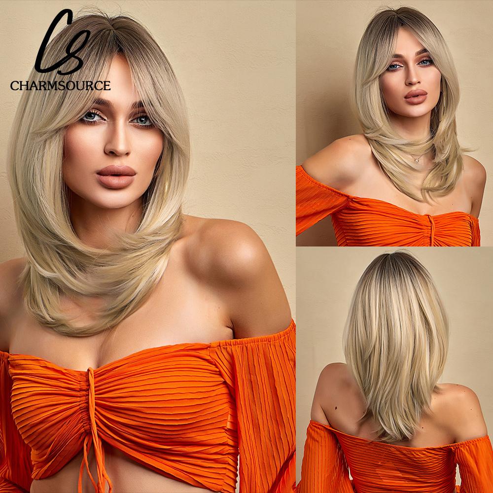 Natural Wavy Blonde Synthetic Wigs Medium Length Layered Hair with Side Bangs for Women Daily Party Cosplay Heat Resistant Fiber