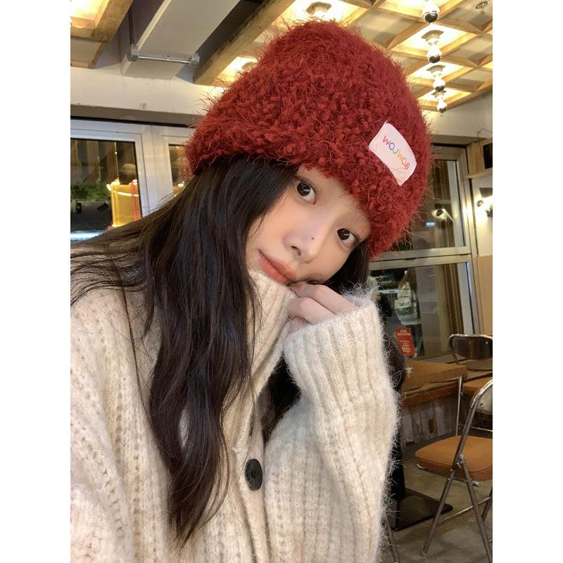 Red Woolen Hat for Women In Autumn and Winter Furry  Warm and Cold Proof Ear Protection Knitted Hat Sweet and Versatile Plush Hat