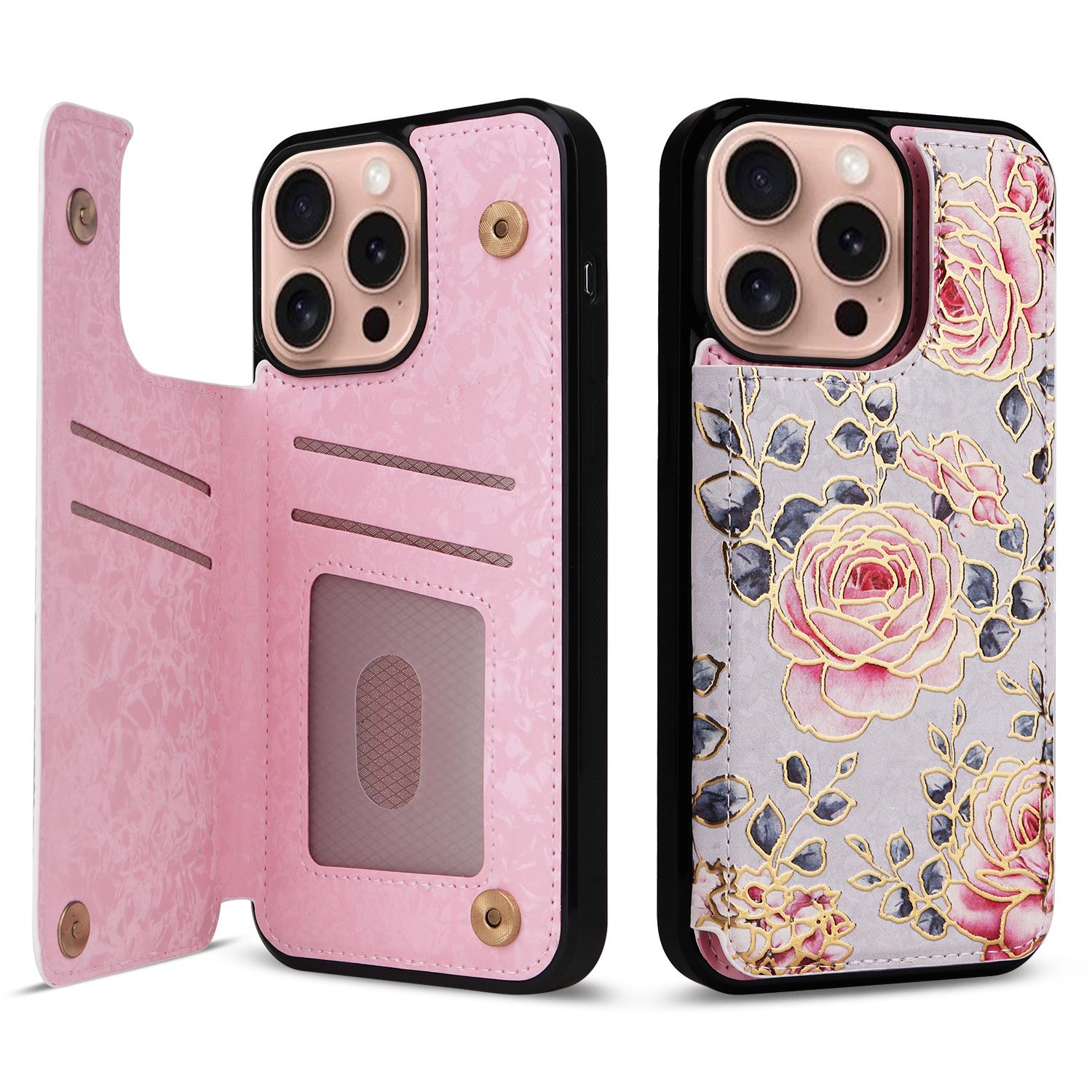 For iPhone 16 Pro Case Flower Leather+TPU RFID Blocking Card Slots Phone Cover A