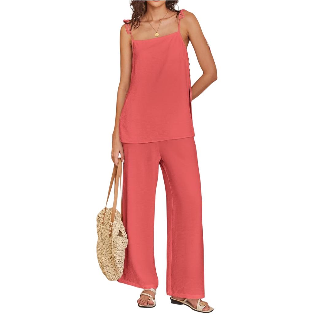 Women's Casual Summer Cotton And Linen Fashion Thin Shoulder Strap Vest Pants Set